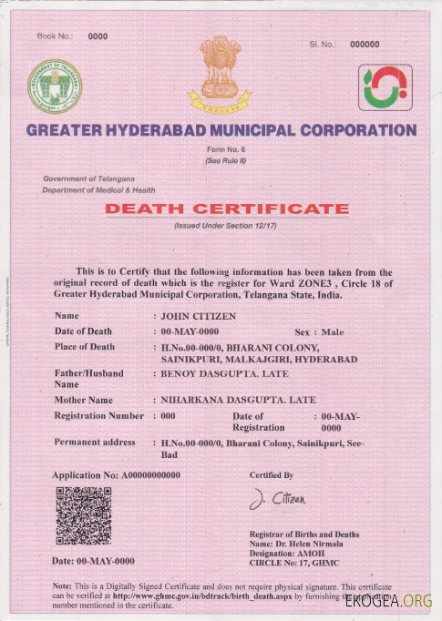 Modèle de certificat de décès en Inde au format PSD, entièrement modifiable